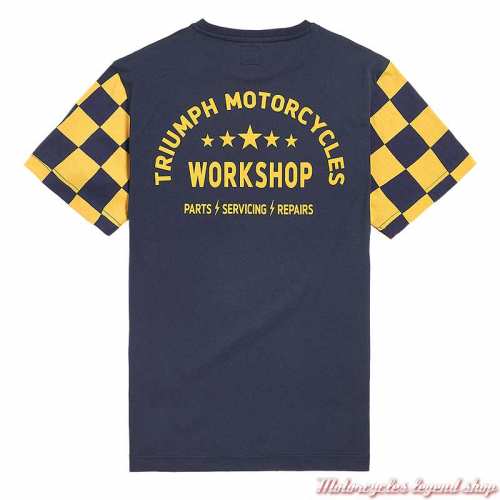 Tee-shirt Preston bleu navy/jaune homme Triumph, manches courtes damier, coton, dos, MTSS2319