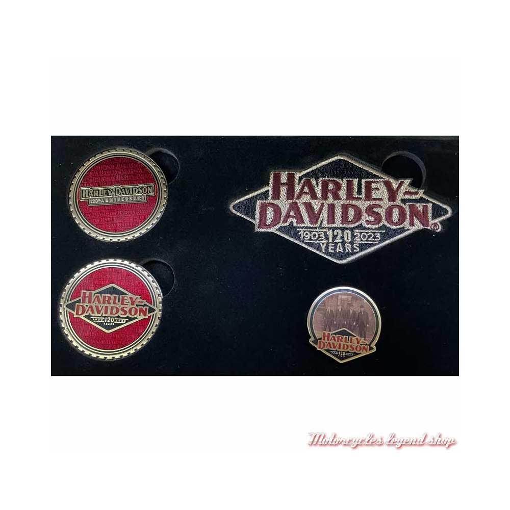 Coffret collector 120th Anniversary Harley-Davidson, 2 coins, 1 pins, 1 patch, détail, 8015411