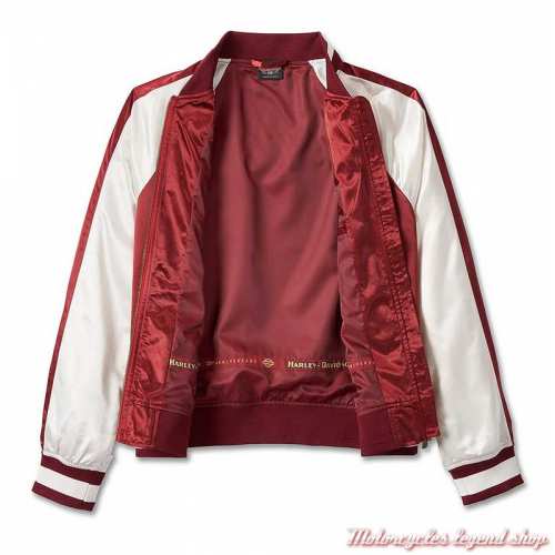 Blouson classic Bomber 120th Anniversary Harley-Davidson femme, rouge merlot, blanc, satin polyester, intérieur, 97449-23VW