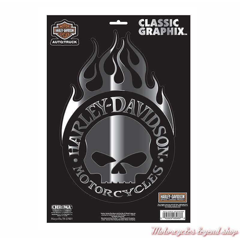 Sticker Flaming Willie G. Skull Harley-Davidson chrome, 18 x 28 cm, CG3279 
