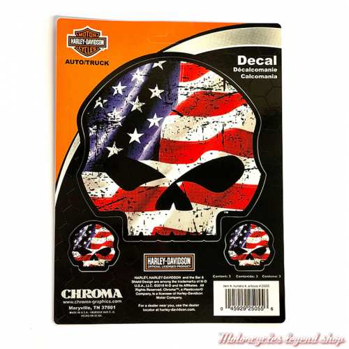 3 Stickers Willie G. Skull American Flag Harley-Davidson, bleu, rouge, blanc, 12.5 cm et 3.5 cm, CG25055