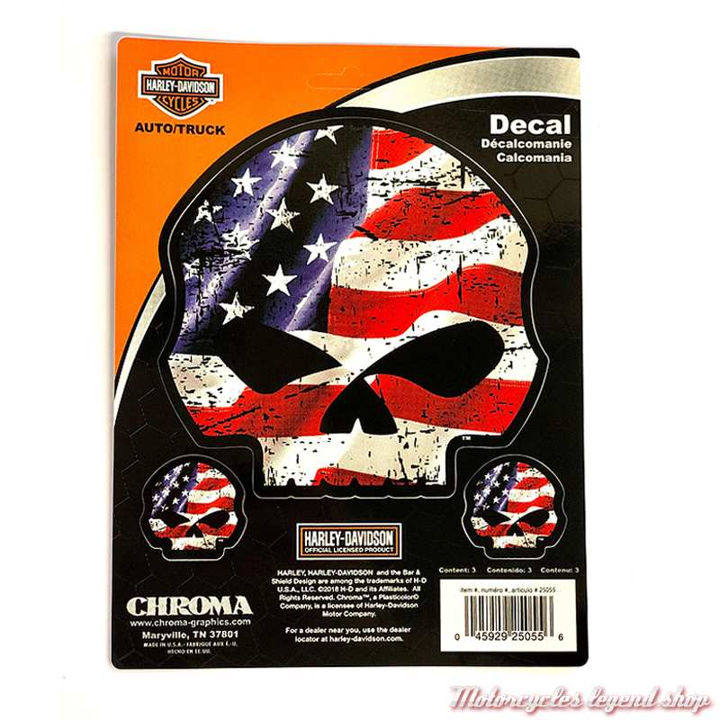 3 Stickers Willie G. Skull American Flag Harley-Davidson, bleu, rouge, blanc, 12.5 cm et 3.5 cm, CG25055