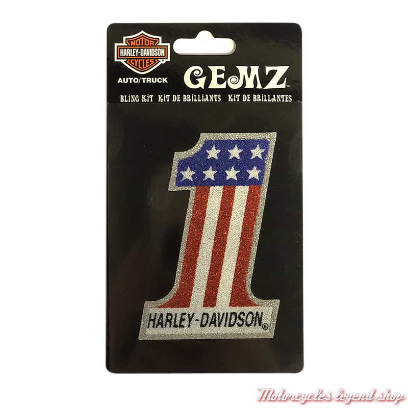 Sticker Number One Bling Harley-Davidson 5.5 x 7.5 cm, pailleté, bleu, rouge, blanc, argent, CG43001