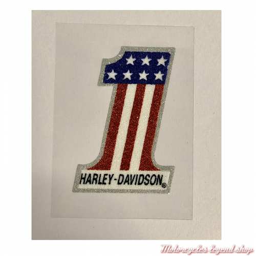 Sticker Number One Bling Harley-Davidson 7 x 10 cm, pailleté, bleu, rouge, blanc, argent, CG43001