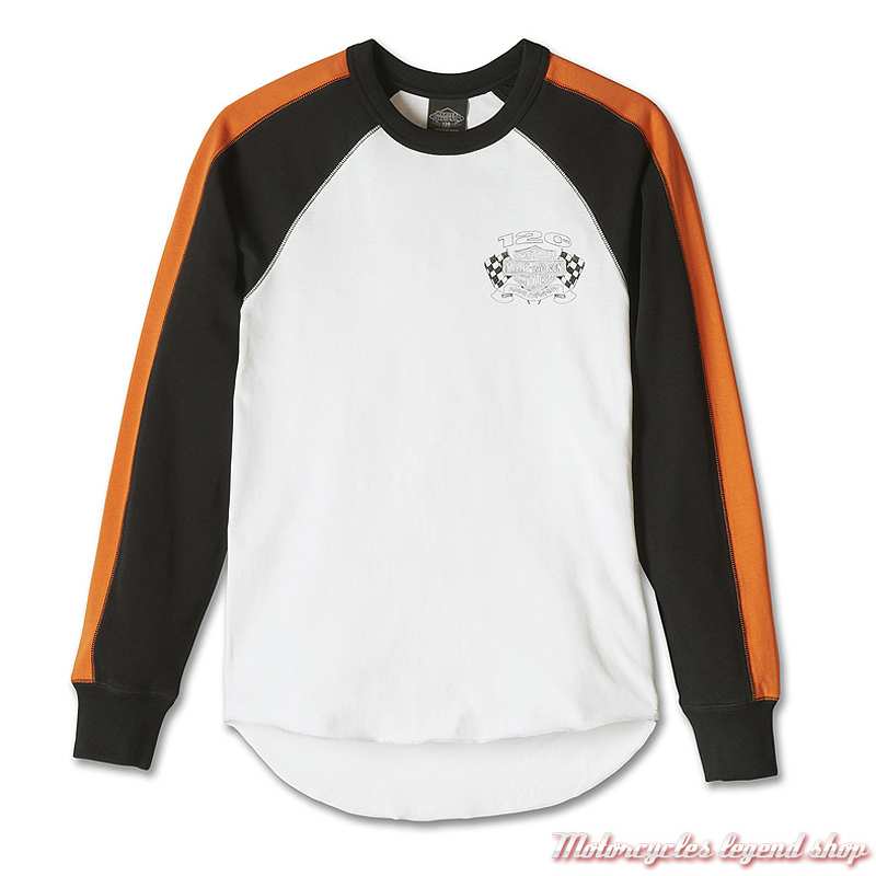 Tee-shirt 120th Anniversary Harley-Davidson femme, manches longues raglan, blanc, noir, orange, coton, 97464-23VW