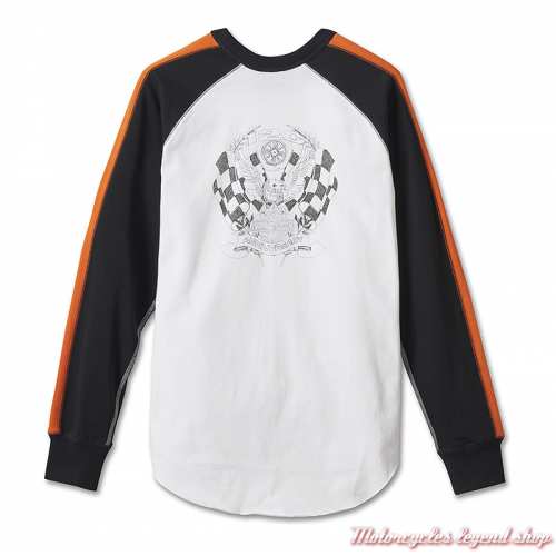 Tee-shirt 120th Anniversary Harley-Davidson femme, manches longues raglan, blanc, noir, orange, coton, dos, 97464-23VW