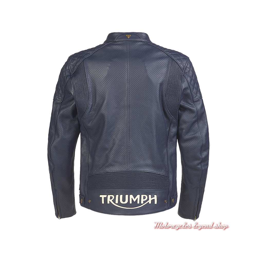 Blouson cuir Braddan Retro Air Triumph homme, bleu, perforé, dos, MLES2332