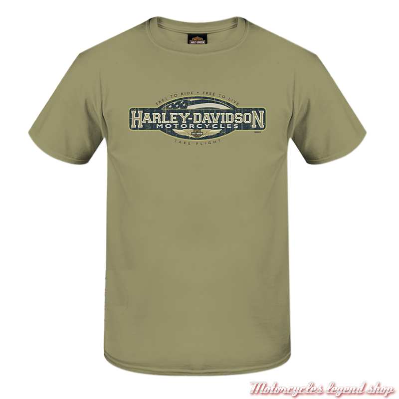 Tee-shirt Take Flight Harley-Davidson homme, kaki, manches courtes, coton, Cornouaille Moto Quimper Bretagne, 3000334