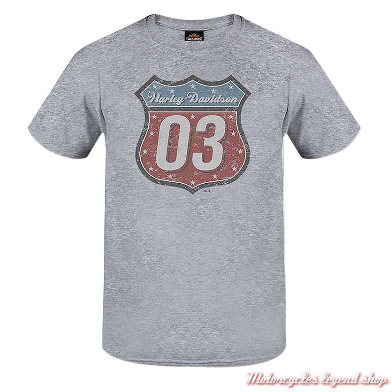 Tee-shirt Highway 03 Harley-Davidson homme, gris, manches courtes, coton, Cornouaille Moto Quimper Bretagne, 3000301