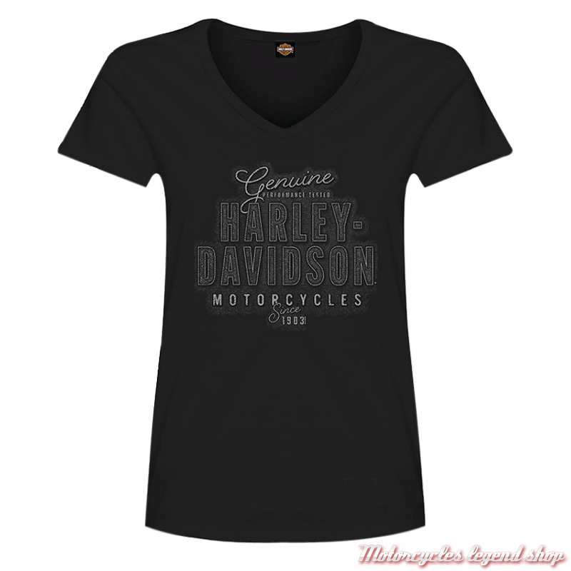 Tee-shirt Black Denim Harley-Davidson femme, noir, coton, col V, manches courtes, Cornouaille Moto Quimper Bretagne 3001078 