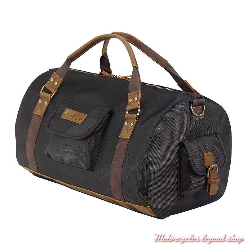 Sac de voyage Ponderosa Harley-Davidson, nylon noir, cuir marron, long. 50 cm, 90221-BLK