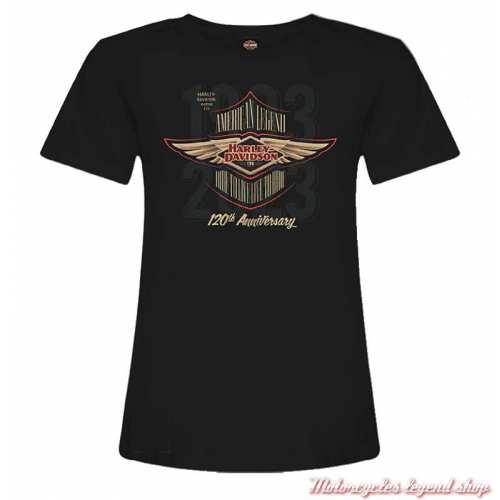 Tee-shirt American Legend 120ème anniversaire Harley-Davidson femme, noir, manches courtes, Cornouaille Moto Quimper, 3001677