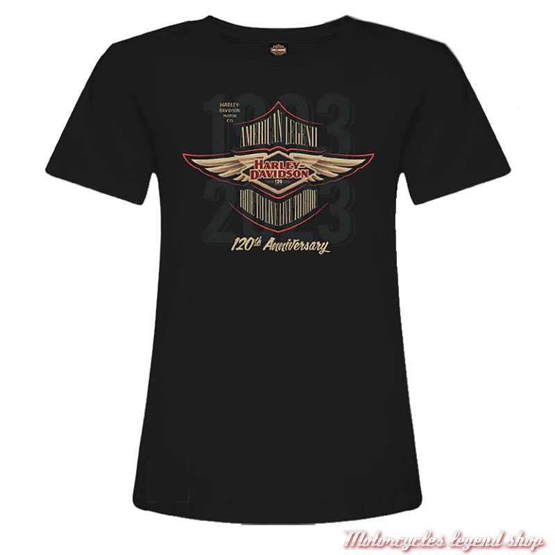 Tee-shirt American Legend 120ème anniversaire Harley-Davidson femme, noir, manches courtes, Cornouaille Moto Quimper, 3001677