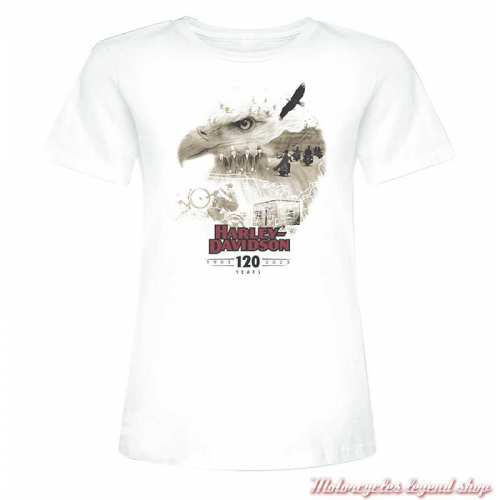 Tee-shirt Eagle 120th Anniversary Harley-Davidson femme, blanc, manches courtes, Cornouaille Moto Quimper, 3001678