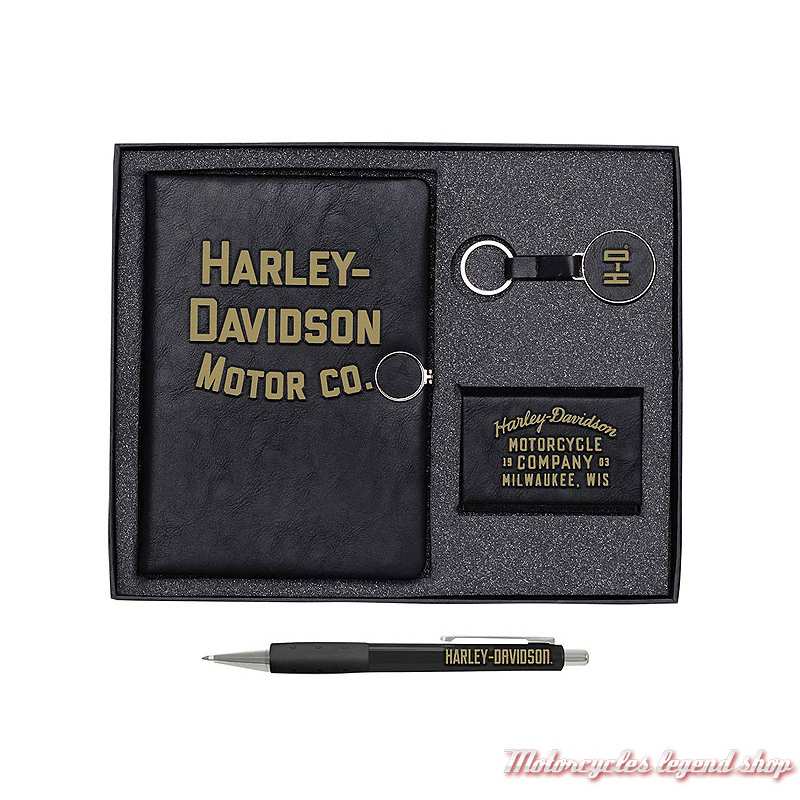 Ensemble cadeau Notebook Harley-Davidson, porte carte visite, stylo, porte clé, imili cuir noir, HDL-20122