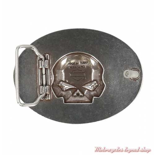 Boucle Immunity homme Harley-Davidson, skull Willie G., flaming, zinc alu et noir, dos, MAU001