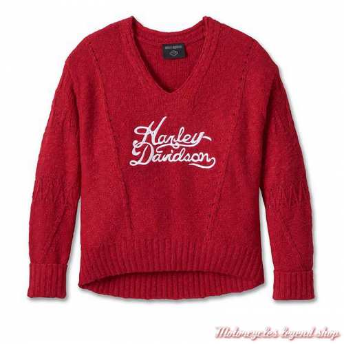 Pull Station rouge Harley-Davidson femme, tricot, rouge, col V, brodé, 96252-24VW