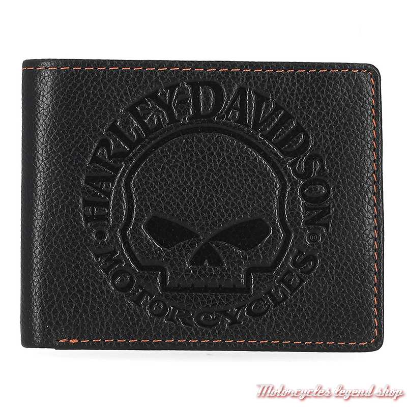 Portefeuille Skull Willie G. Harley-Davidson, cuir noir, coutures orange, MWM005-08