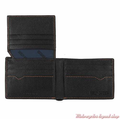 Portefeuille Skull Willie G. Harley-Davidson, cuir noir, coutures orange, intérieur, MWM005-08