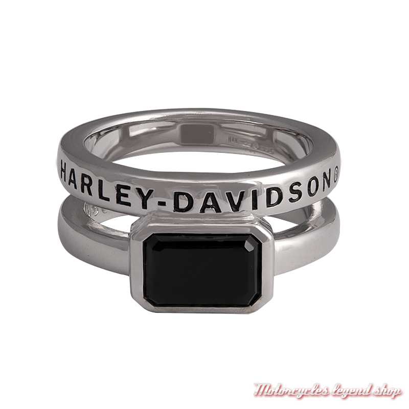 Bague argent 2 anneaux Harley-Davidson femme, pierre noire onyx, HDR0577