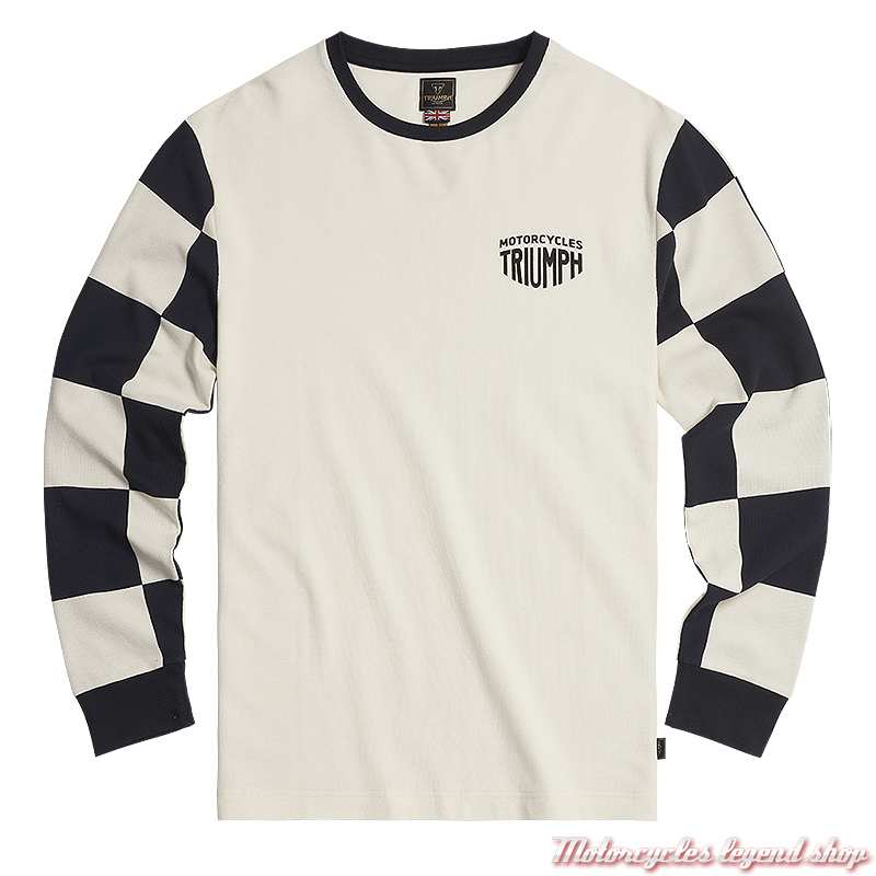 Tee-shirt Harker blanc/navy homme Triumph, manches longues damier, coton, MTLS24130