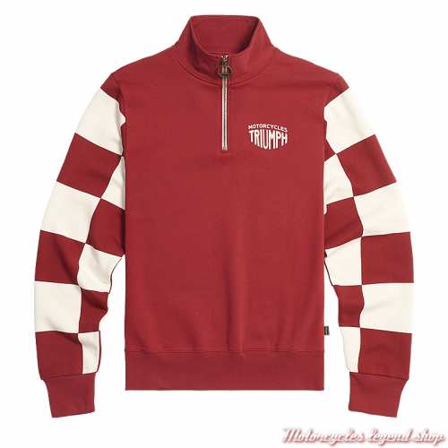 Sweatshirt Prewitt rouge/blanc homme Triumph, col zippé, manches damier, coton, MSWS24134