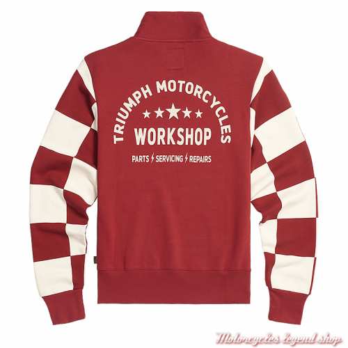 Sweatshirt Prewitt rouge/blanc homme Triumph, col zippé, manches damier, coton, dos, MSWS24134