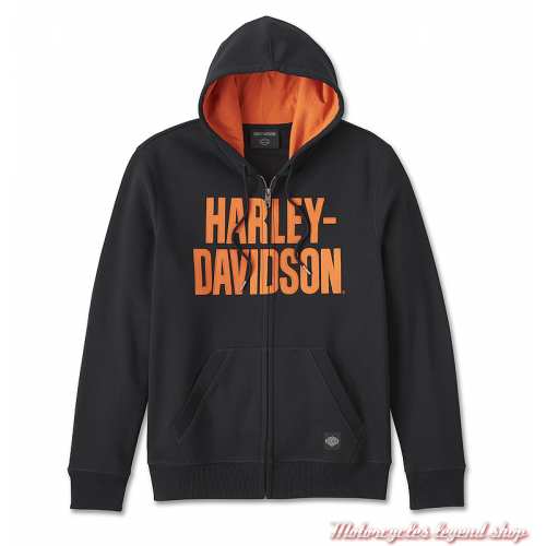 Sweatshirt Bar Font Harley-Davidson homme zippé, noir, capuche intérieur orange, coton, 99191-24VM