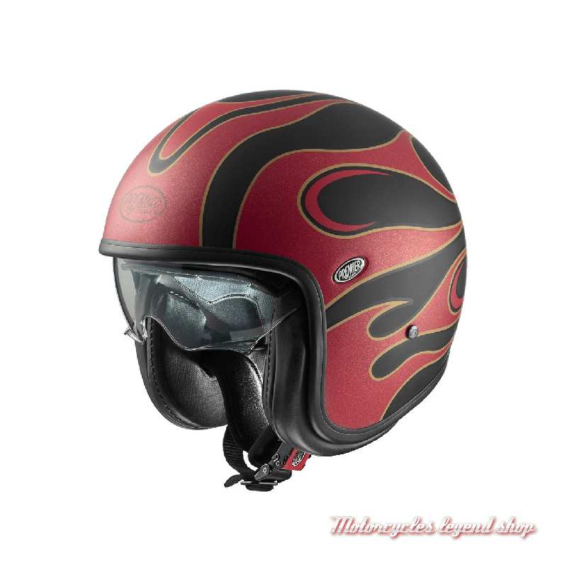 Casque jet Vintage FR 2BM Premier, noir, rouge, flames, écran intérieur