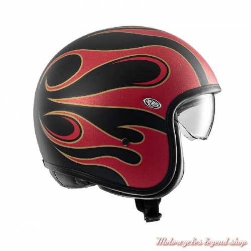 Casque jet Vintage FR 2BM Premier, noir, rouge, flames, écran intérieur, profil