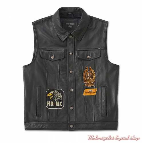 Gilet cuir Fuel to Flames Harley-Davidson homme, noir, boutonné, patchs, col chemise, 97031-24VM