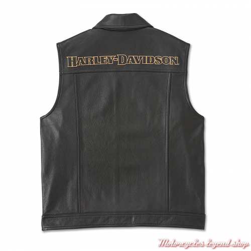 Gilet cuir Fuel to Flames Harley-Davidson homme, noir, boutonné, patchs, col chemise, dos, 97031-24VM