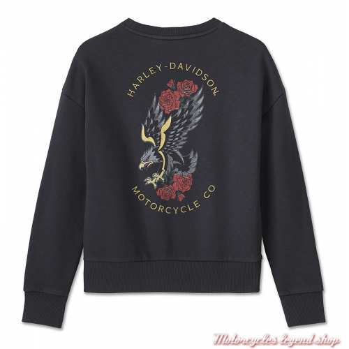 Sweatshirt American Traditional Harley-Davidson femme, col rond, coton, aigle tattoo, noir, dos, 96573-24VW