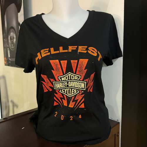 T- shirt Hellfest 2024 Harley-Davidson femme, noir, col v, manches courtes, coton