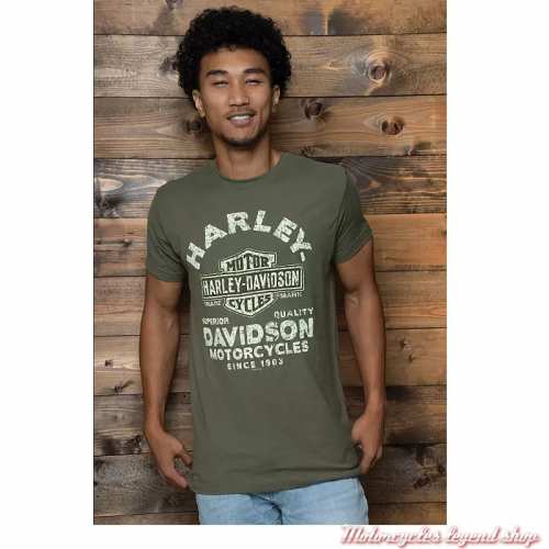 Tee-shirt Raging Harley-Davidson homme, Cornouaille Moto Quimper Bretagne, kaki, manches courtes, coton, Bar & Shield antique, 4
