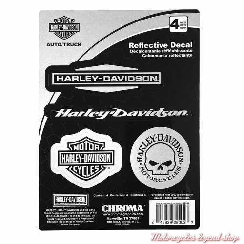 4 Stickers Reflective Harley-Davidson, Bar & Shield, Willie G., chrome, CG28002