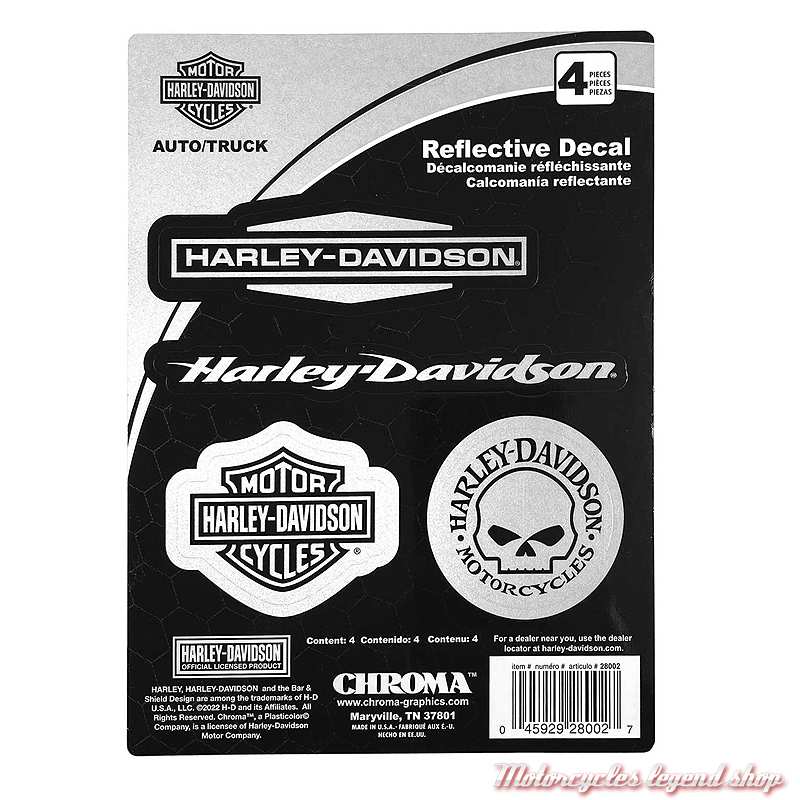 4 Stickers Reflective Harley-Davidson, Bar & Shield, Willie G., chrome, CG28002