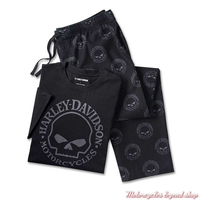 Pyjama Willie G. homme Harley-Davidson, t-shirt noir manches courtes, pantalon skull gris, 96116-25VM