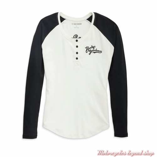 Tee-shirt Henley Silver Wing Harley-Davidson femme, noir, blanc, manches longues, coton, modal, 96450-23VW