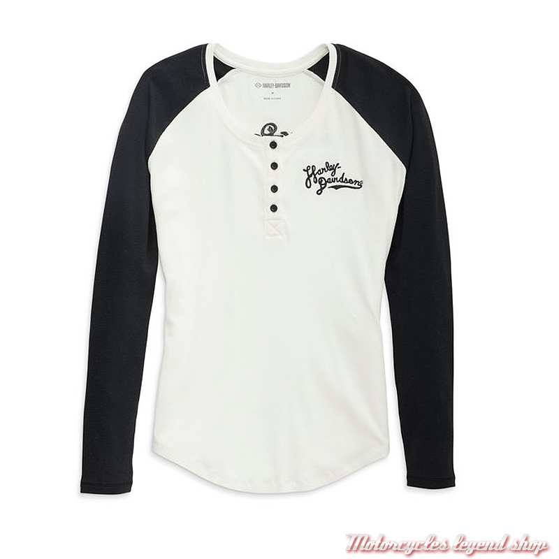 Tee-shirt Henley Silver Wing Harley-Davidson femme, noir, blanc, manches longues, coton, modal, 96450-23VW