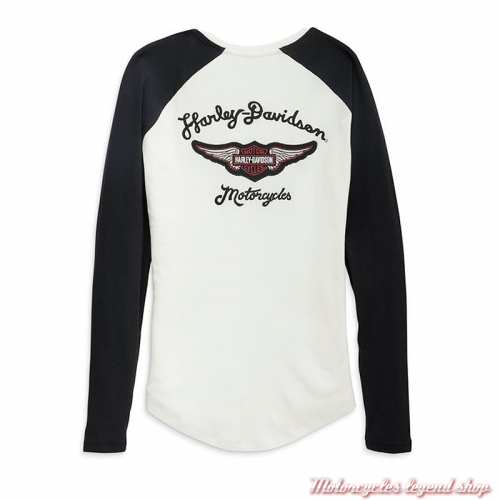 Tee-shirt Henley Silver Wing Harley-Davidson femme, noir, blanc, manches longues, coton, modal, dos, 96450-23VW