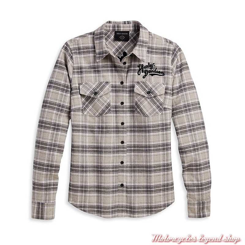 Chemise à carreaux Retro Script Harley-Davidson femme, beige, coton flanelle, brodée, 96475-23VW
