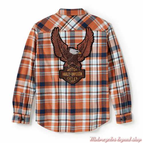 Chemise Eagle Plaid Harley-Davidson homme, manches longues, orange dominant, boutons pression, coton, dos, 96394-25VM