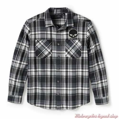 Chemise Willie G Skull Plaid Harley-Davidson homme, noir, blanc, boutons pression, coton, 96394-25VM