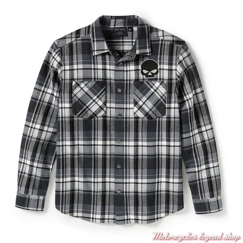 Chemise Willie G Skull Plaid Harley-Davidson homme, noir, blanc, boutons pression, coton, 96394-25VM