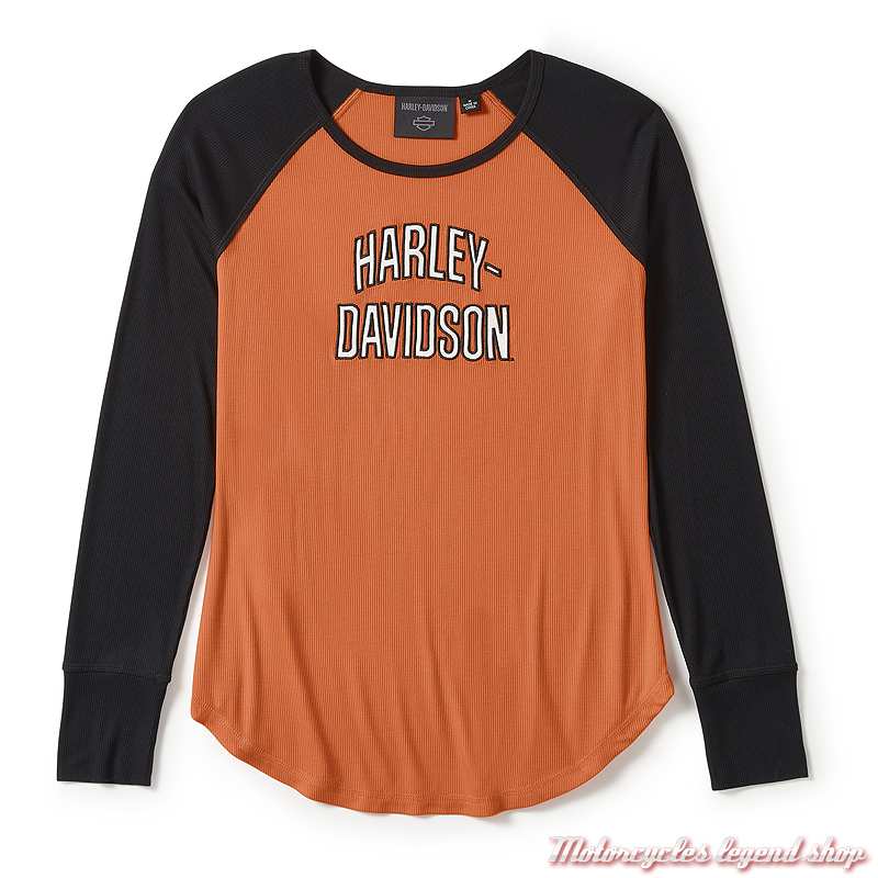 Tee-shirt Essential Colorblock Orange Harley-Davidson femme, orange noir, manches longues, coton, modal, 96596-25VW