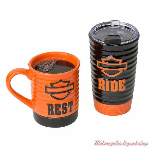 Ensemble 2 mugs Ride & Rest Harley-Davidson, céramique, noir et orange, 40 et 45cl, HDL-18611