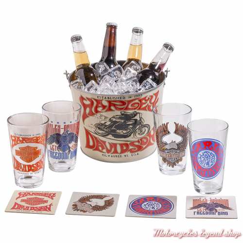 Set 1970S Psychedelic Harley-Davidson4 pintes, seau metal, coasters, HDL-18823