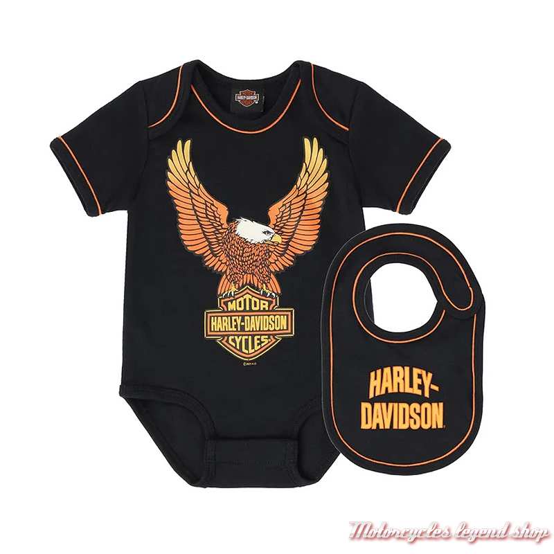 Ensemble body bavoir bébé garçon Eagle Harley-Davidson, noir, orange