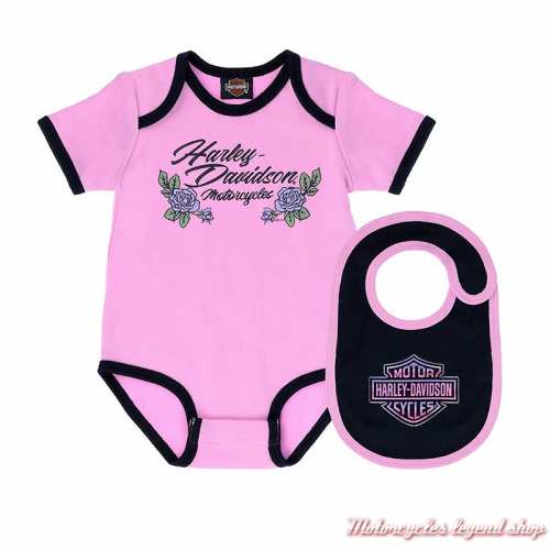 Ensemble body bavoir bébé fille Roses Harley-Davidson, rose et noir